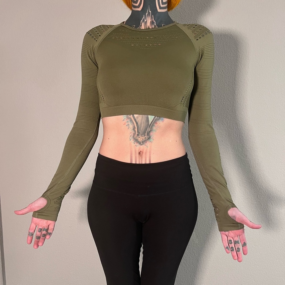 Olive colored long sleeve sports top